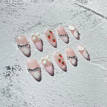 Qfdian 10Pcs Cute Handmade Press on Nails Full Cover French Bowtie Design Almond False Nails Strawberry Manicure Wearable Nail Tips Art